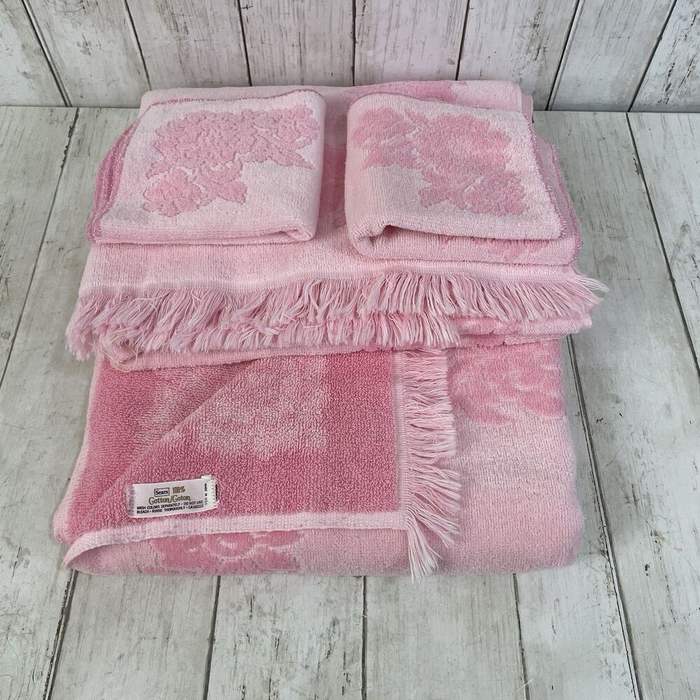 VTG Sears Floral Bubble Gum Pink Sculpted Fringe 2 Bath Towels & 2 Washcloths